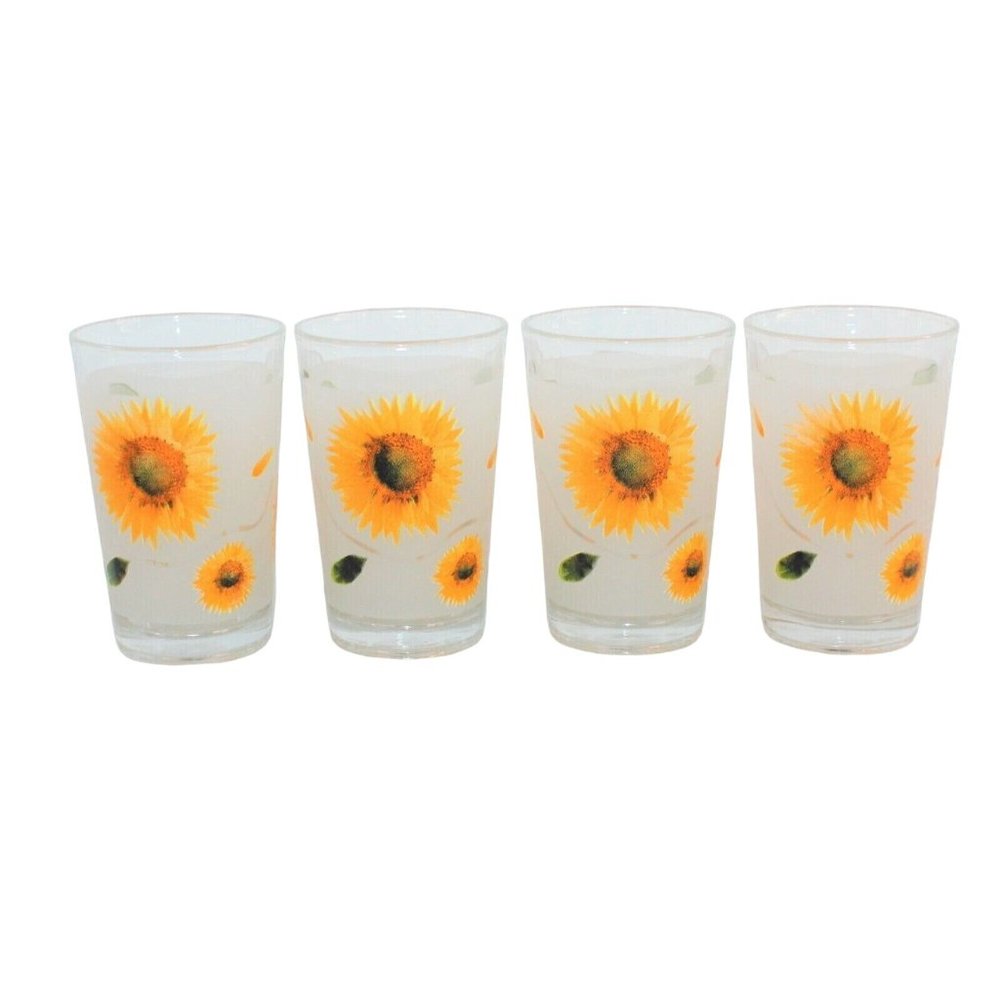 Set 4 Vintage Federal Frosted Glass Sunflower Juice Drinking Glasses MCM Lot